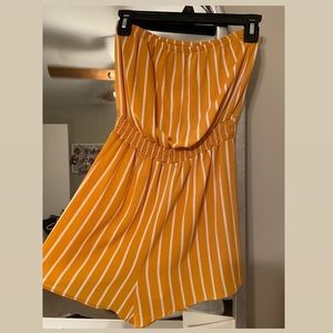 gold and white stripped strapless romper